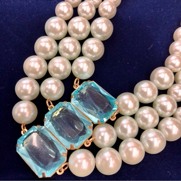 Vintage Faux Pearl Blue Glass 3 Strand Necklace - Picture 6 of 16
